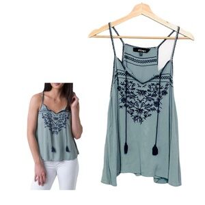BKE Boutique Trapeze Tank Top Blue Embroidered with a Tassel Tie Large Y2K